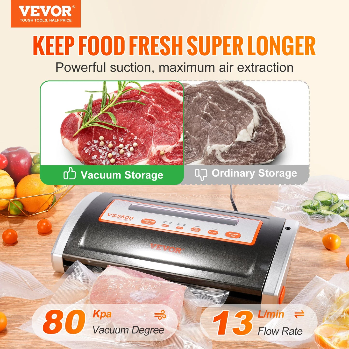 VEVOR Vacuum Sealer Machine 80Kpa 130W Automatic/Manual Air Sealing System with Built-in Cutter for Dry and Moist Food Storage