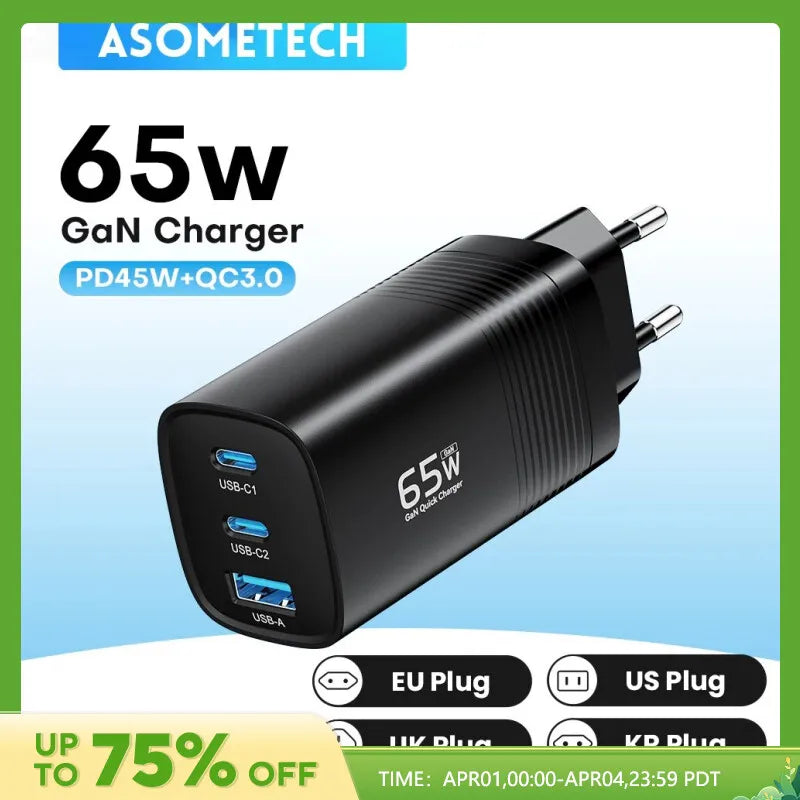 ASOMETECH GaN USB Type C chargeur 65W 45W PPS PD QC4.0 chargeur rapide pour Macbook ordinateur portable IPAD tablette iPhone 14 Samsung S23 Ultra