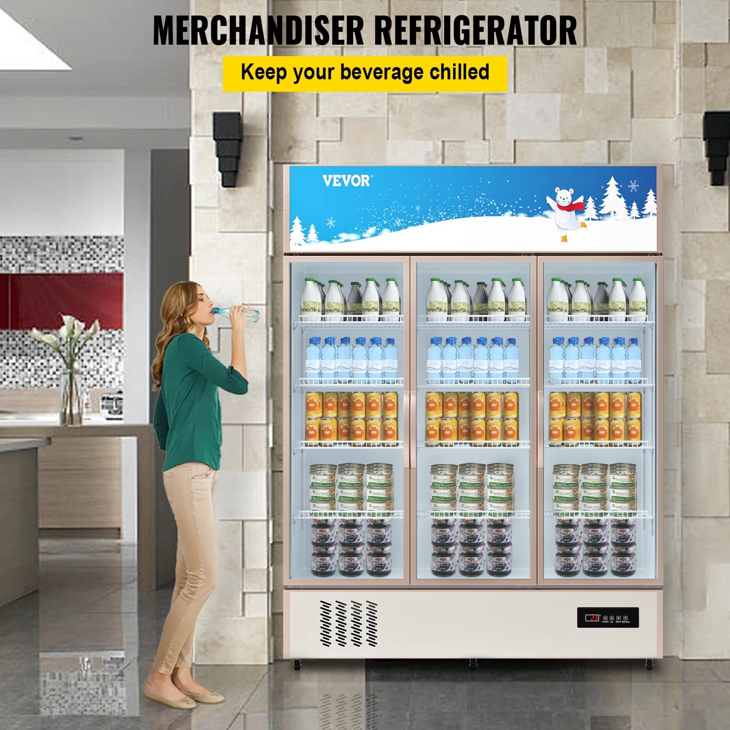 VEVOR Triple Swing Door Commercial Refrigerator Display Fridge Upright Beverage Cooler Glass Door with LED Light for Home Store