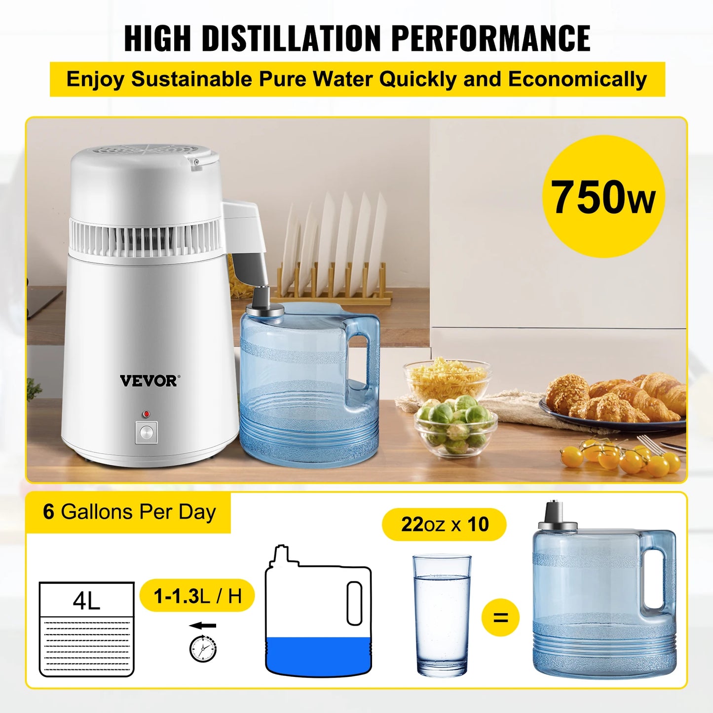 VEVOR 4L Water Distiller Purifier Filter Dispenser Heating Drinking Bottle Softener 304 Stainless Home Appliance for Office Use