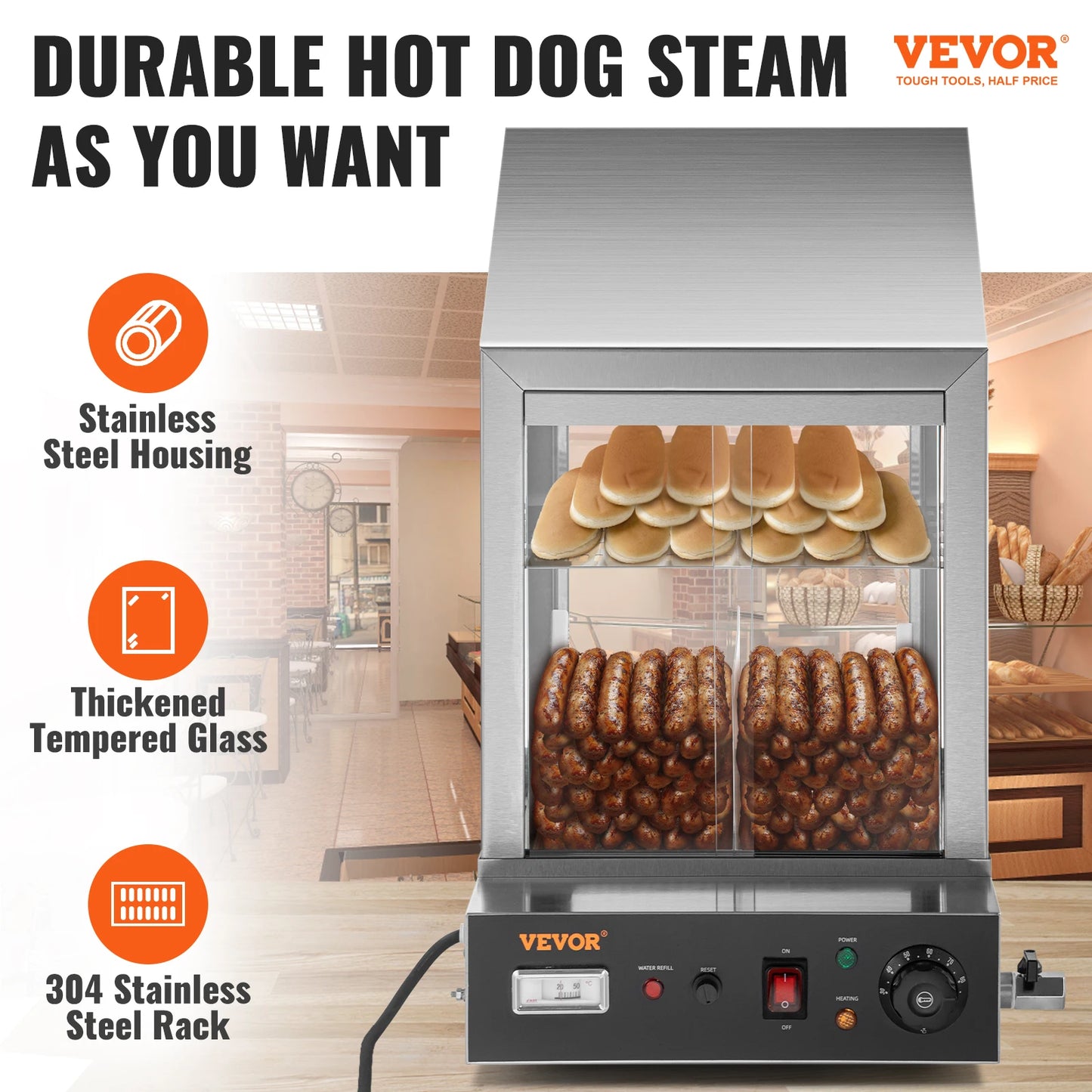 VEVOR – Machine à Hot Dog à 2 niveaux, pour 200 Hotdogs et 42 petits pains, cuiseur électrique avec bouton rotatif, affichage de la température, réservoir d'eau de 7.5 L