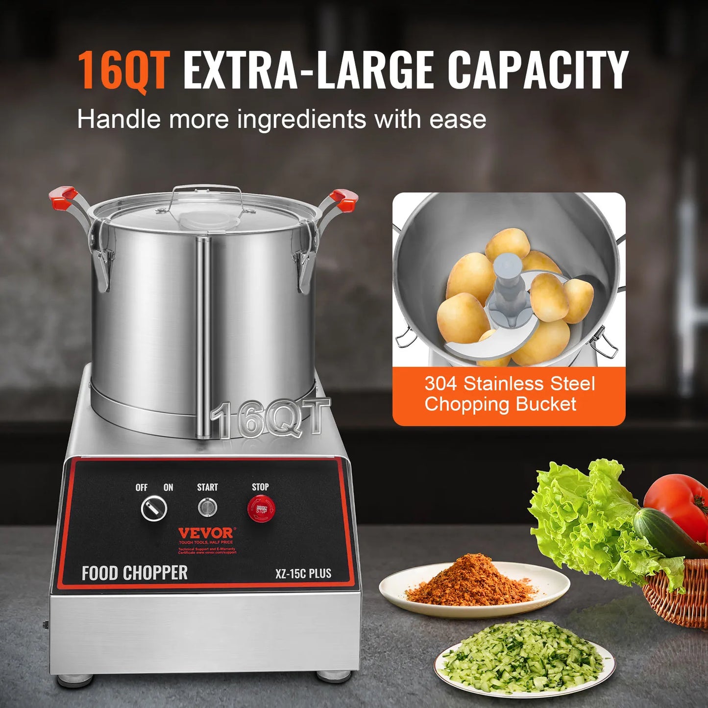 VEVOR Food Processor & Vegetable Chopper 16 Quart1400W Food-Grade Stainless Steel Food Processor Chopper