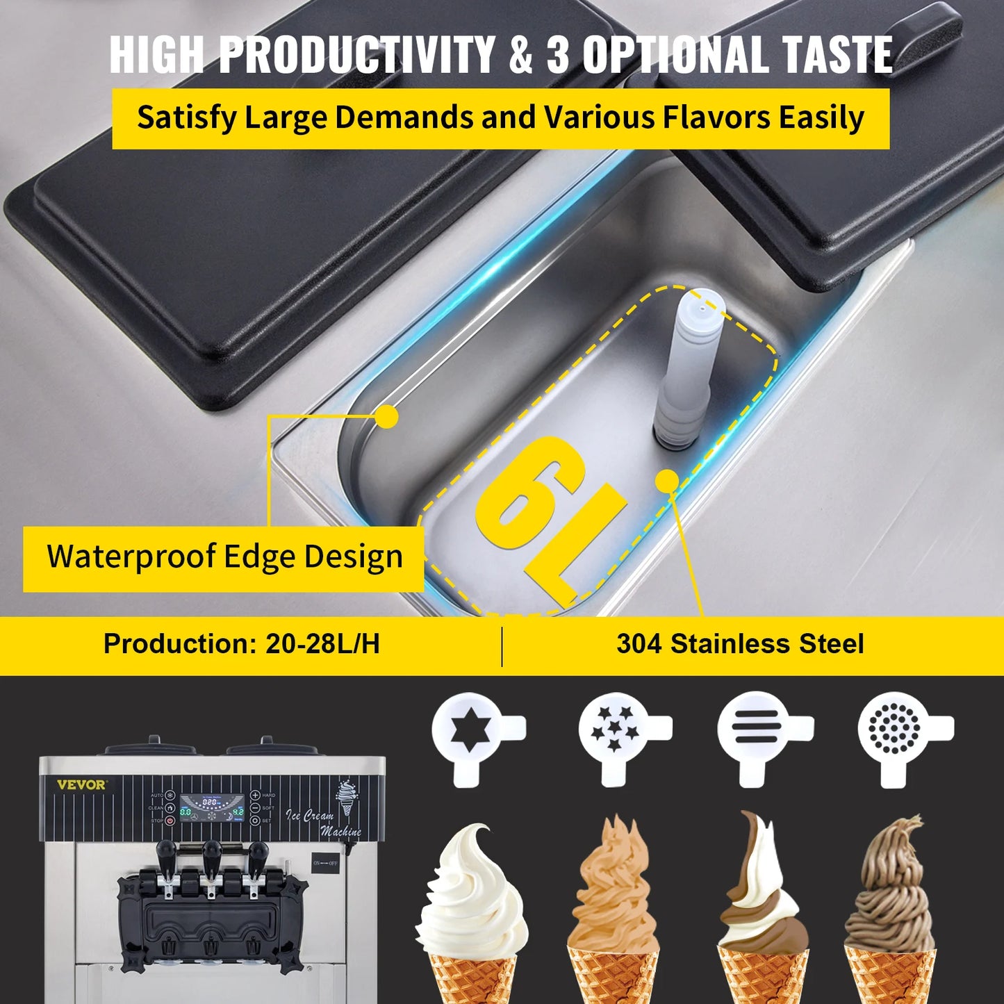 VEVOR 18-28L/H Soft Ice Cream Machines Commercial Sorbet Coolers Tricolor Desktop Sweet Cone Freezing Equipment Vending Machine