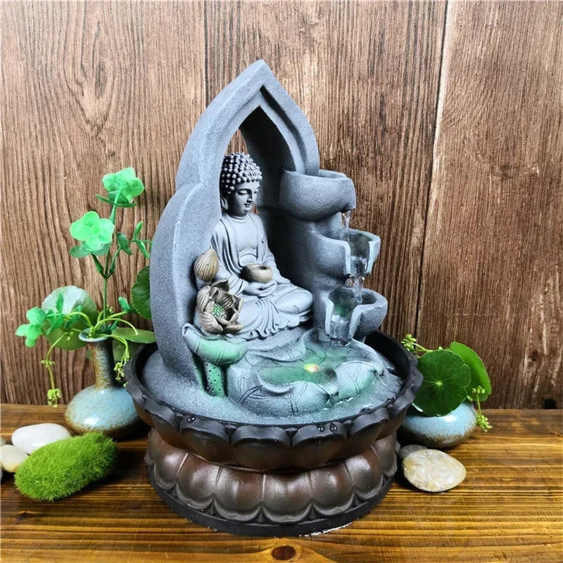 Indoor Air Humidifie Waterfall Fountain Office Tabletop Relaxation Fountain View with LED Light Lucky Feng Shui Buddha Statue