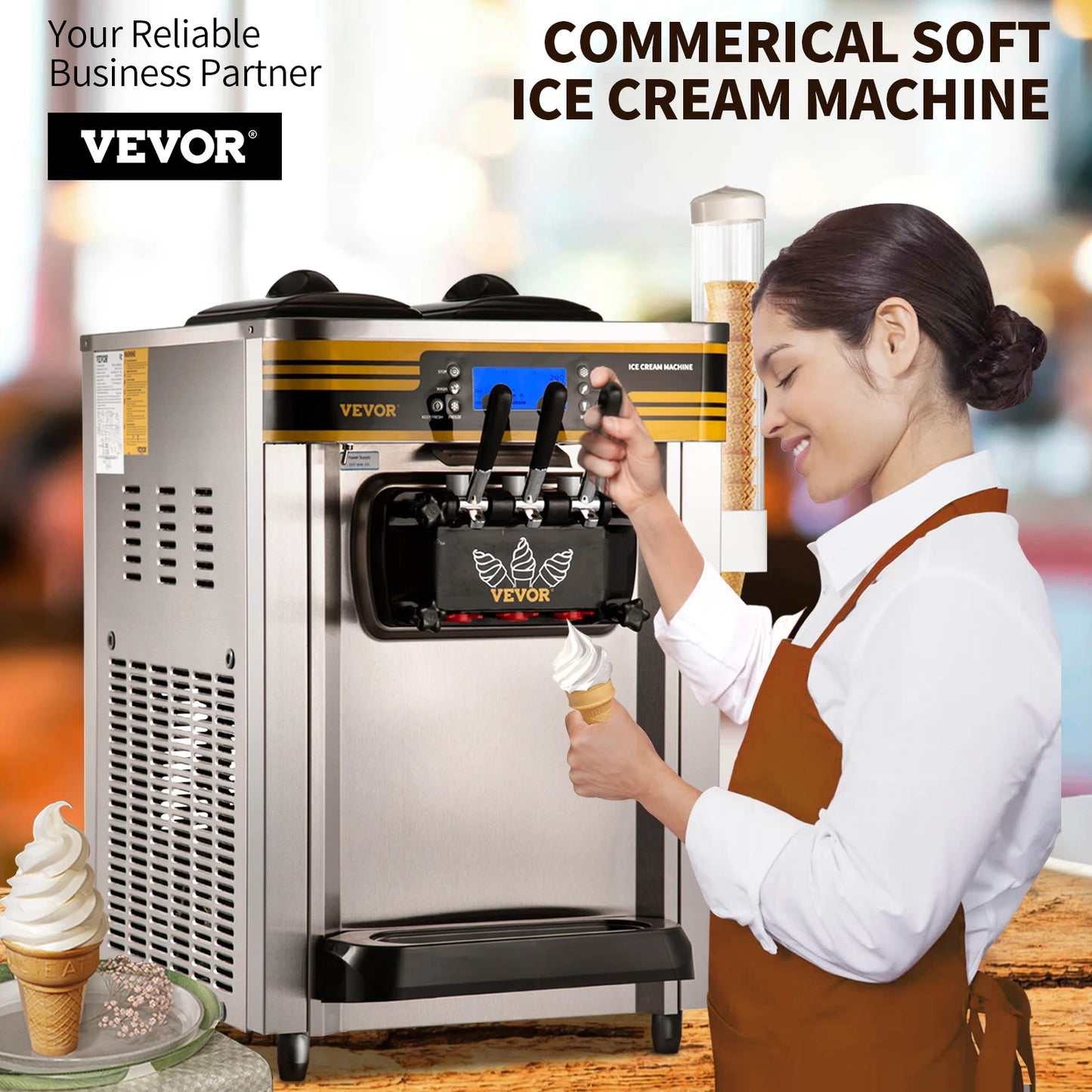 VEVOR 22-30L/H machine à crème glacée molle comptoir Commercial tricolore 2 + 1 saveurs cônes sucrés équipement de congélation distributeur automatique.