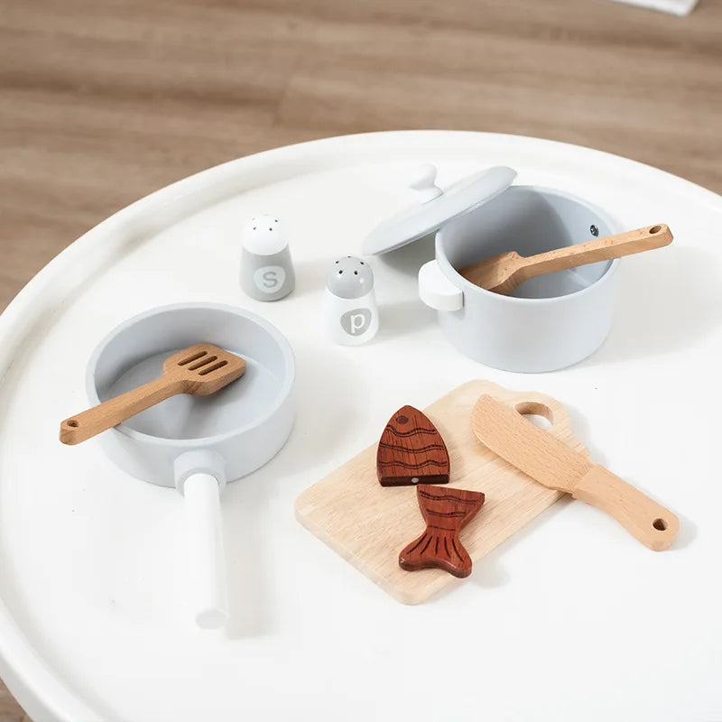 Baby Wooden Simulation Sound and Light Induction Kitchen Stove Small Cooker Pot and Dish Playhouse Tableware Cooking Set Play