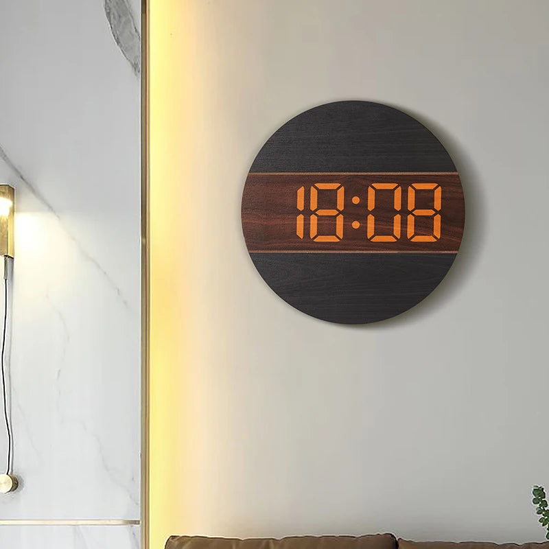 Large Screen Digital Clock Wooden Color 12/24H Household Wall Mounted Clock for Living Room with Automatic Brightness Adjustment