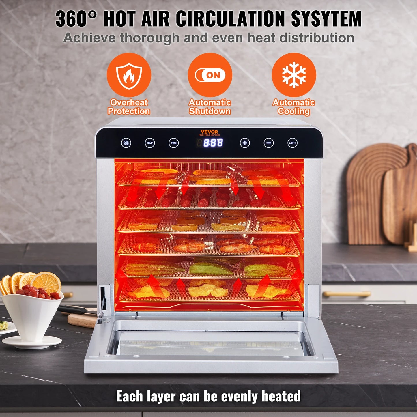 VEVOR 6 Trays Food Dehydrator Machine 700W Stainless Steel Electric Food Dryer w/ Digital Adjustable Timer & Temperature