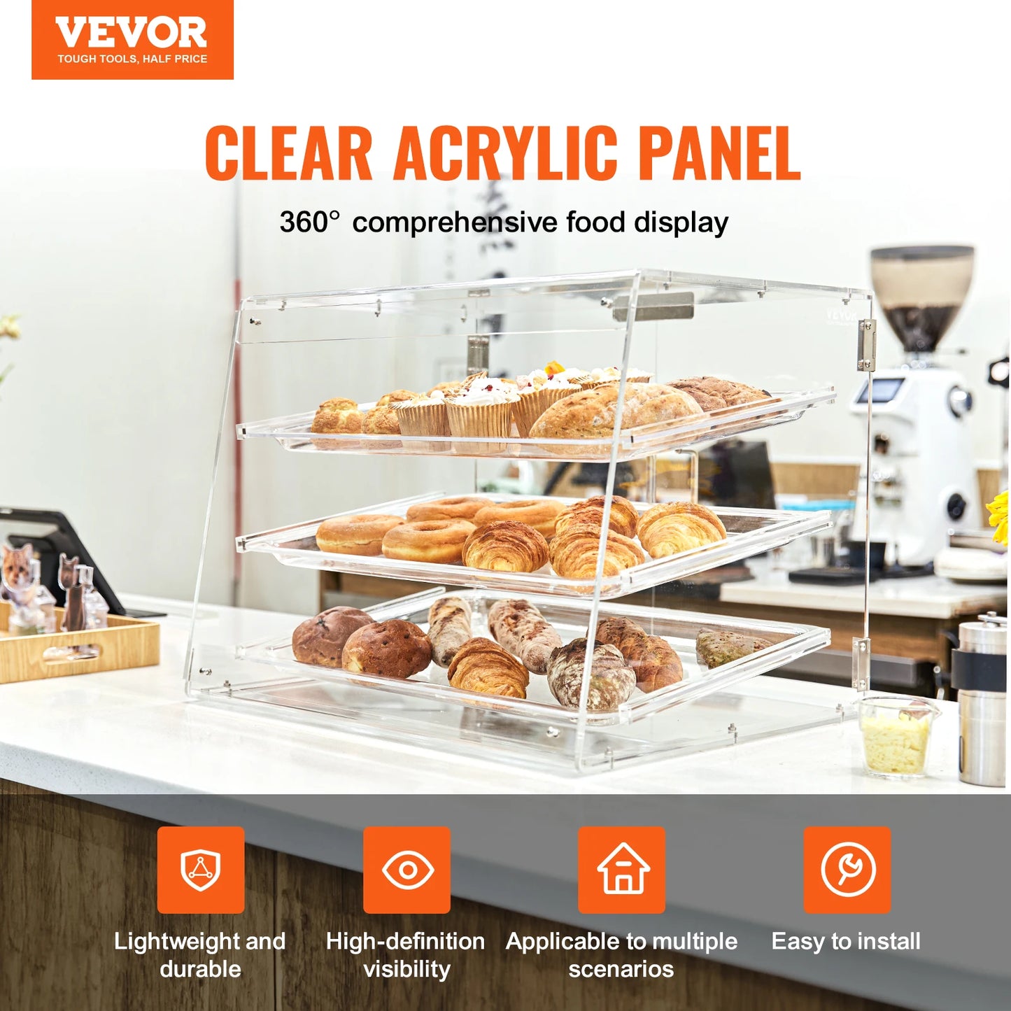 VEVOR 3 Tier Clear Pastry Display Case Acrylic Commercial Countertop Bakery Display Case with Front and Rear Door for Bread