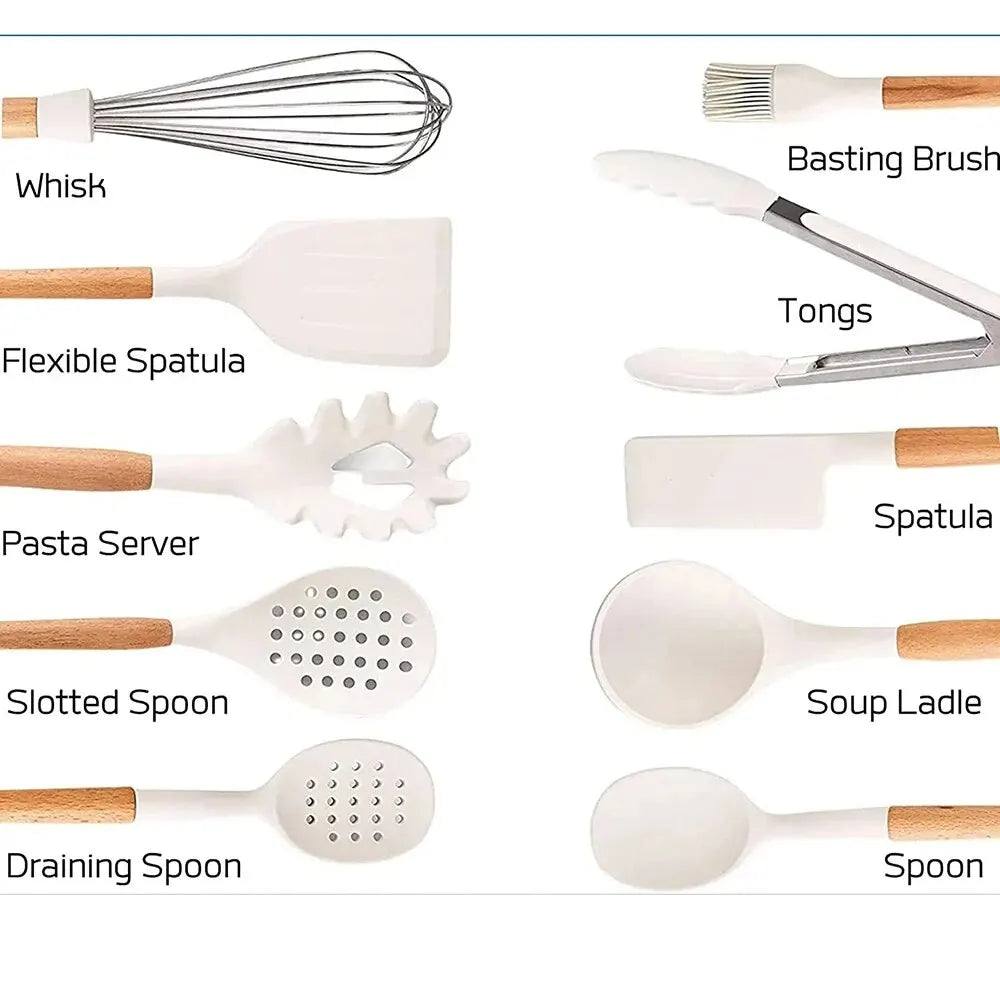 Juego de utensilios de cocina de silicona con mango de madera de alta calidad, 11 Uds., electrodomésticos de cocina con soporte para almacenamiento