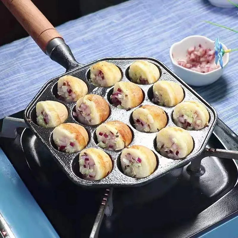 Sartén Takoyaki para hornear, regalo con 14 agujeros, cepillo de silicona para panqueques con tenedores, cocina casera, estufa de Gas de hierro fundido profesional de inducción