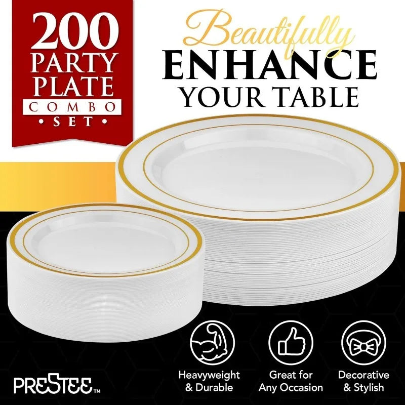 Prestee – assiettes en plastique doré, 200 pièces, 100 assiettes à dîner et 100 assiettes à salade, assiettes de fête blanches + à bords dorés, jetables et robustes