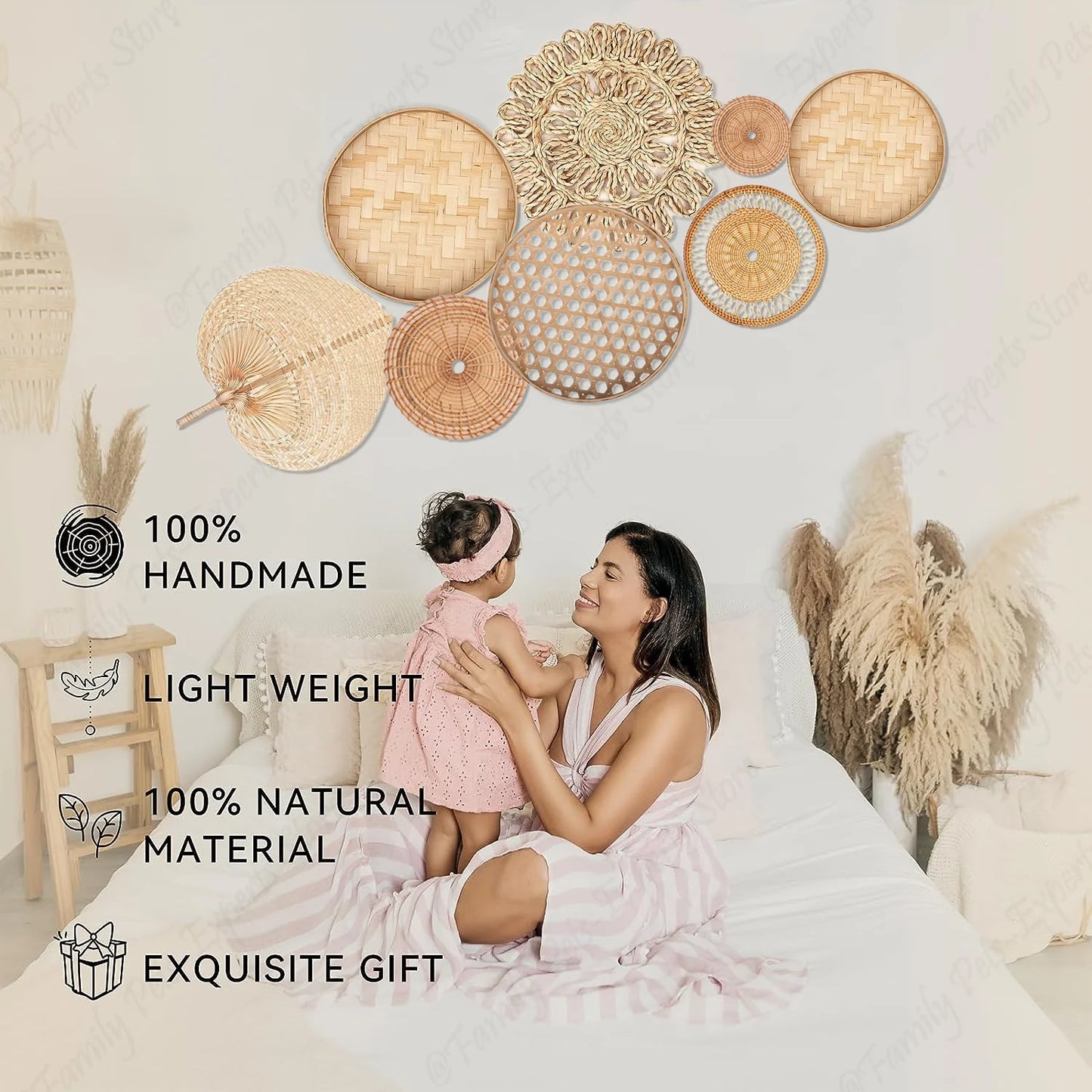 8 pièces décor de panier mural naturel Boho rotin rond décor mural fait à la main ferme tenture murale décor pour chambre salon chambre de bébé