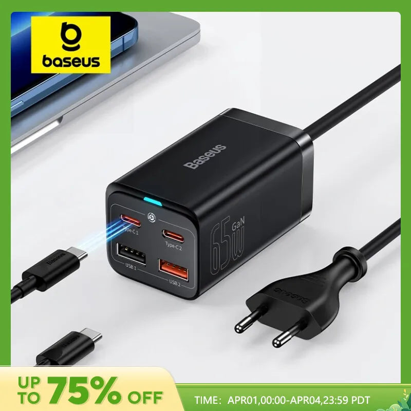 Baseus-cargador GaN de 65W, cargador rápido de escritorio 4 en 1, adaptador de cargador de teléfono portátil para iPhone 15, 14, 13 Pro Max, Xiaomi y Samsung