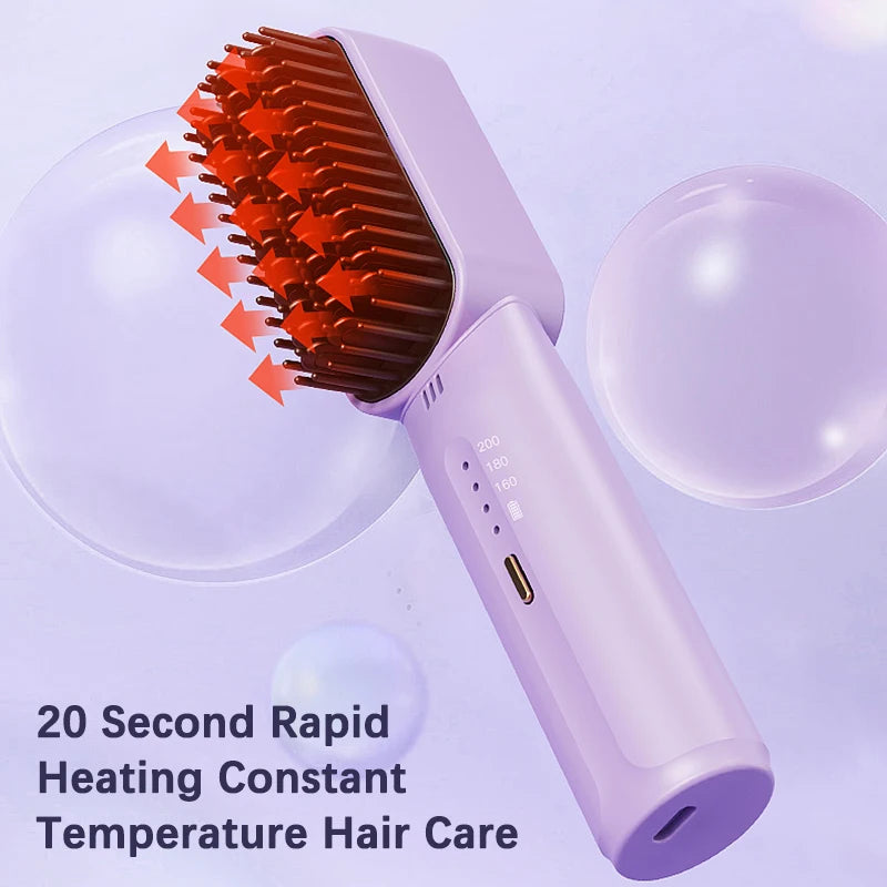 Plancha de pelo inalámbrica con calefacción de iones negativos, peine de pelo rizado recto, cepillo eléctrico antiescaldado recargable para el cuidado del cabello