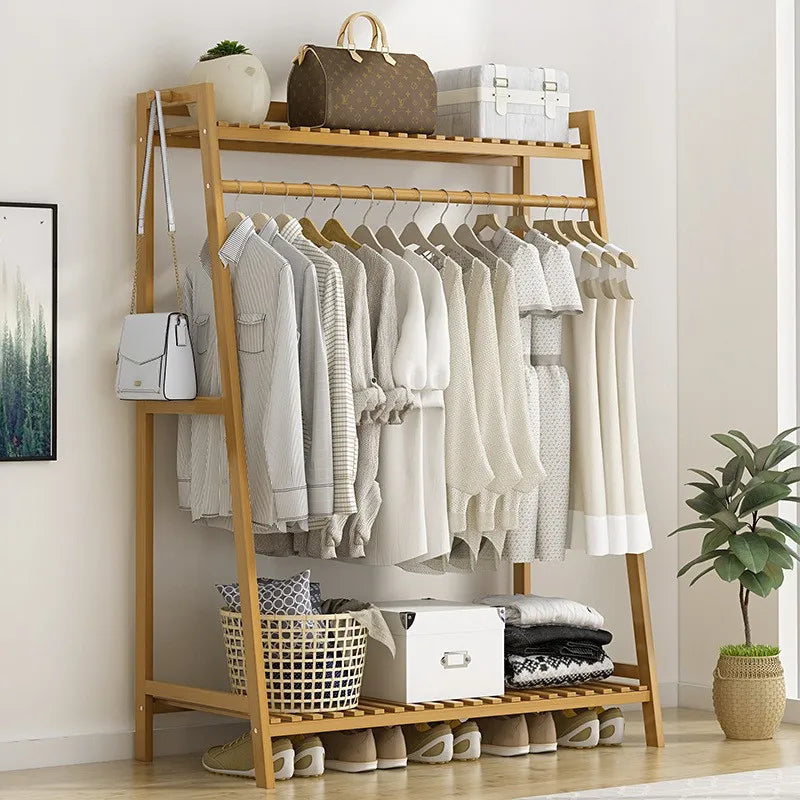 Wooden Clothing Garment Rack with Shelves Clothes Hanging Rack Stand for Child Kids Adults Cloth Shoe Coat Storage Organize