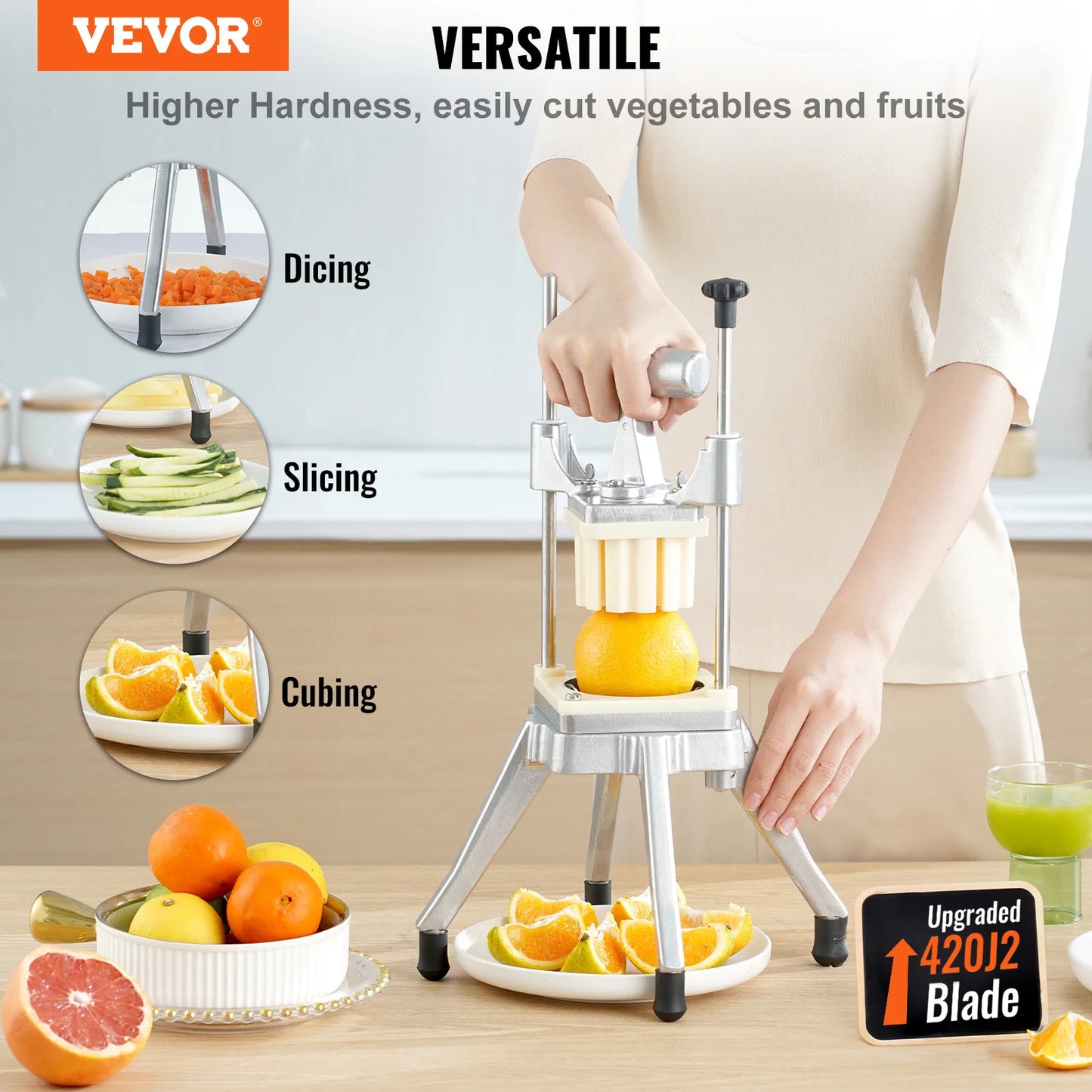 VEVOR-cortador comercial de frutas y verduras, cortador de patatas, picador, 4 cuchillas y bandeja, máquina cortadora Manual, electrodoméstico