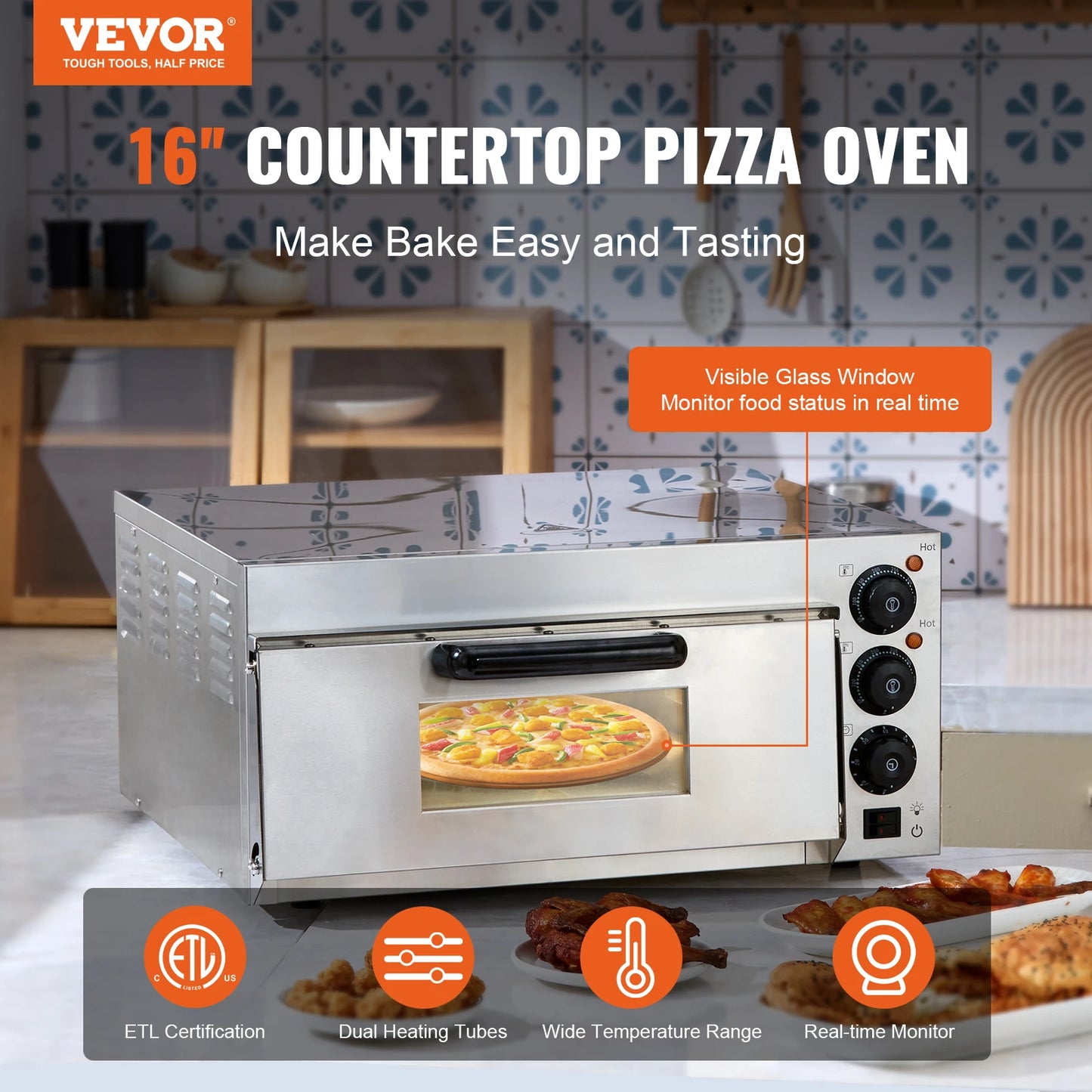 VEVOR-horno eléctrico de 16 pulgadas para Pizza, crepé, panadería, asado, parrilla, desayuno, Machie, galletas, pastel, pan, tostadora para cocinar