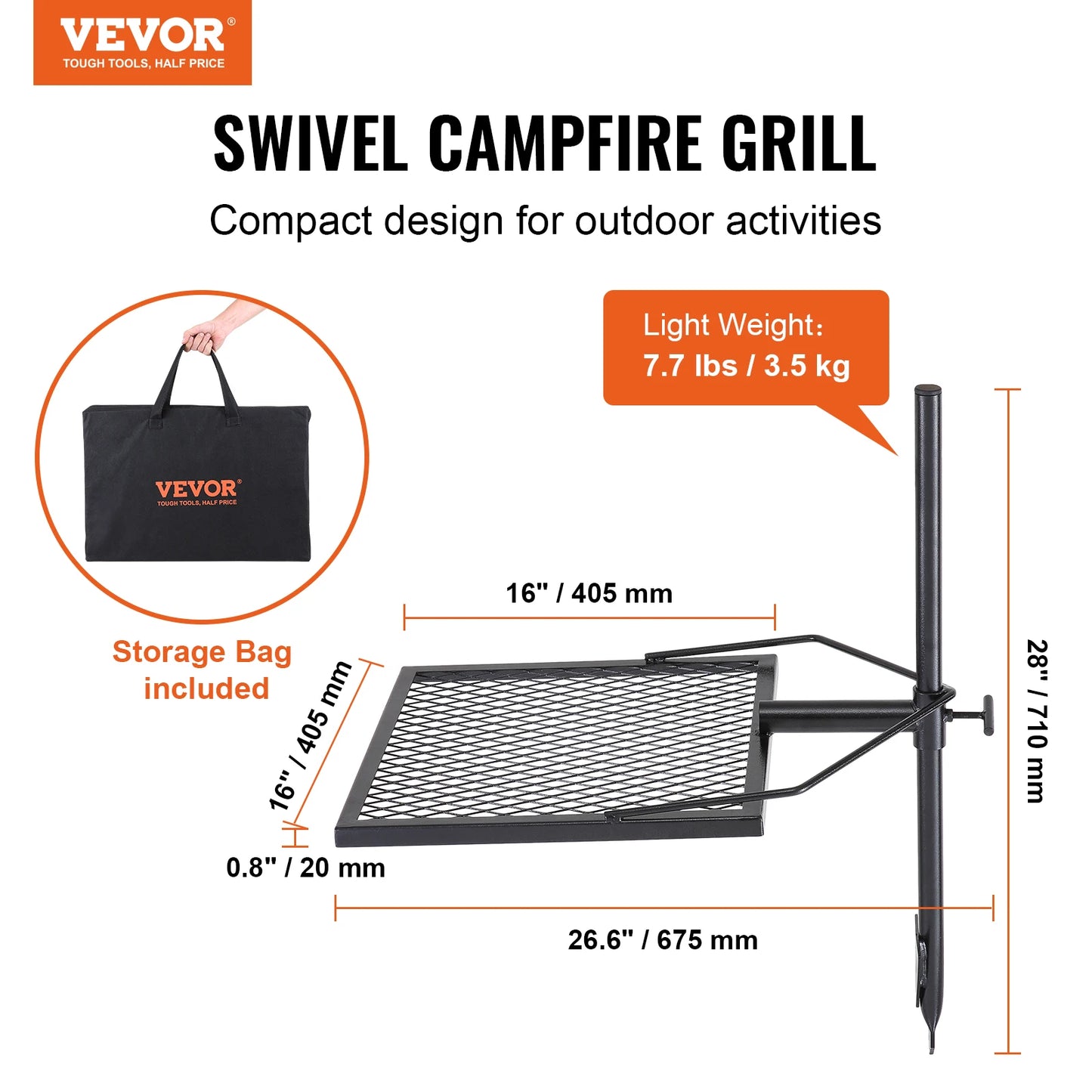 VEVOR Parrilla de carbón para barbacoa al aire libre de 14/16 pulgadas, parrilla de acero de primera calidad para fogata, parrilla para cocinar al aire libre, Camping, Picnics y playa