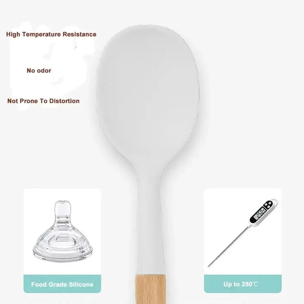 Manche en bois de haute qualité, appareils de cuisine ménagers, ensemble d'ustensiles de cuisine en Silicone avec support pour le rangement 11 pièces