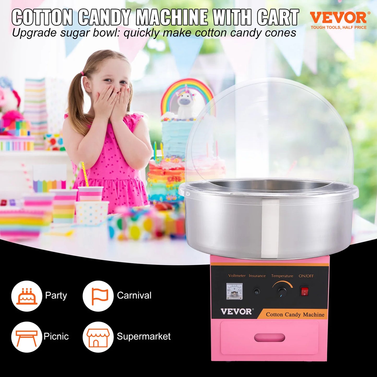 VEVOR Electric Cotton Candy Machine Commercial Floss Maker with Stainless Steel Bowl Sugar Scoop and Drawer for Birthday Party