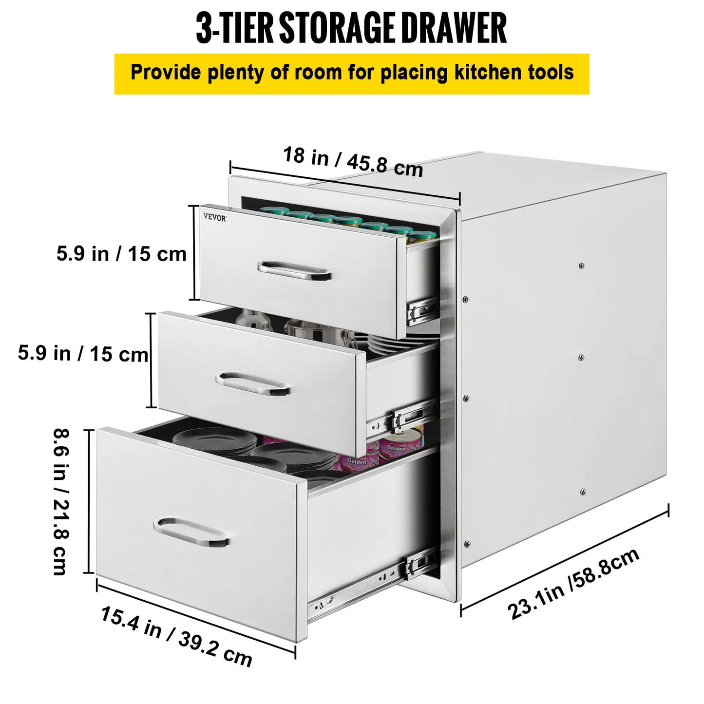 VEVOR Stainless Steel Outdoor Kitchen Drawer With Handle Triple Layer for BBQ Island Grilling Cabinet Storing Cookware Tableware