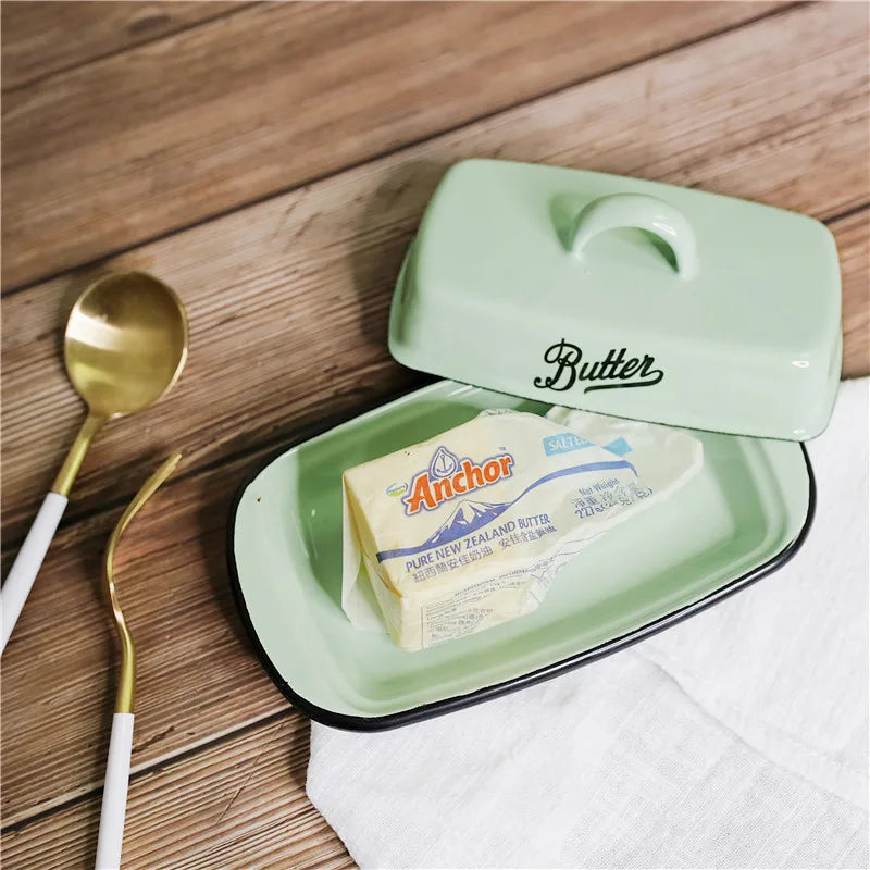 Europe style Retro Nostalgic Enamel With Lid Snack Tray Home Kitchen Tableware Butter Box Cheese Storage  cheese plate