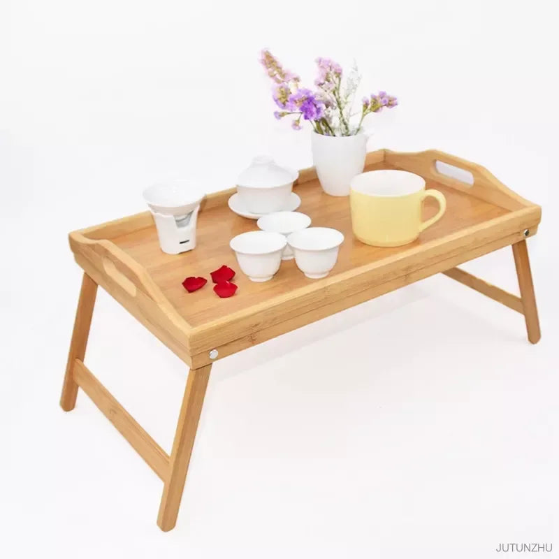 Plateau de lit Portable en bambou naturel, bureau d'ordinateur Portable pour petit déjeuner, bureau de lecture, de jeu, Table pliante, outil de cuisine Simple et utile, 50x30x25cm