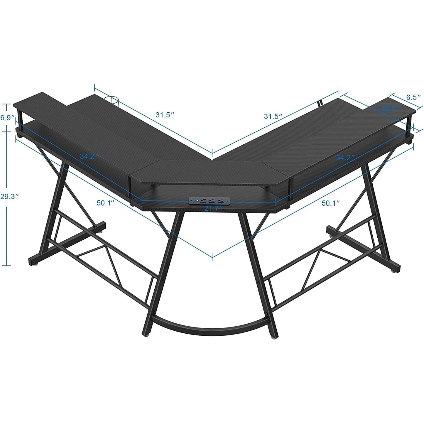 Chulovs Bureau de jeu 50,4" avec bande LED et prises de courant, bureau d'angle en forme de L en fibre de carbone avec support pour écran