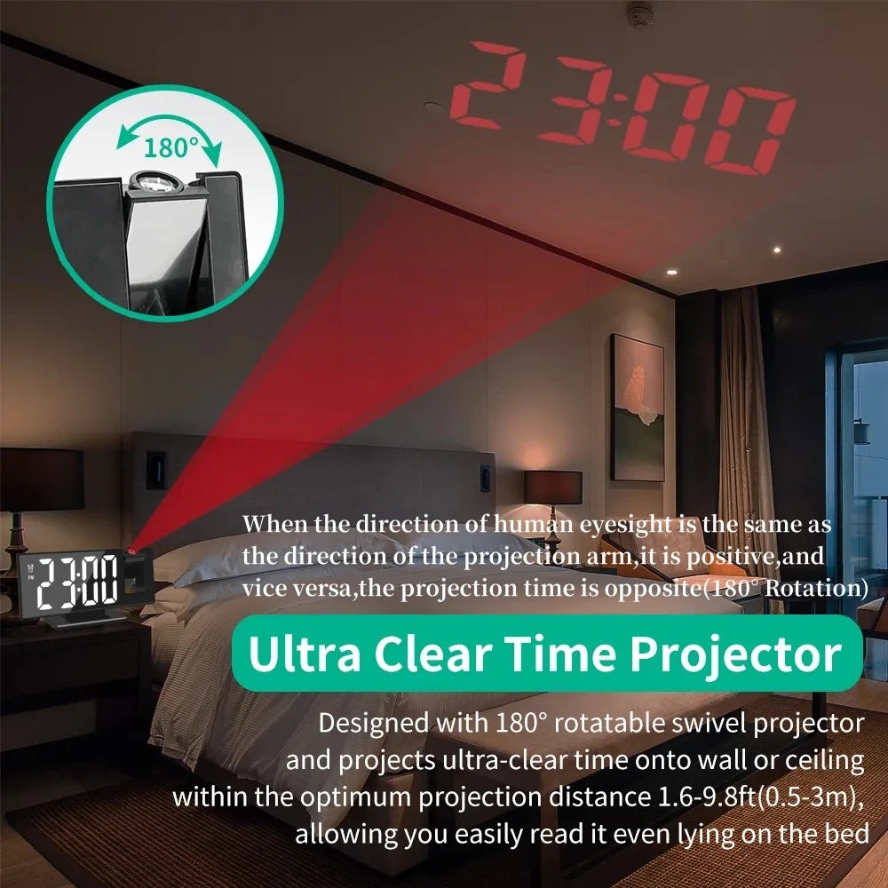 180° Arm Projection Alarm Clock with Time Temperature Digital Alarm Clock Snooze Table Clock 12/24H USB Projector LED Clock