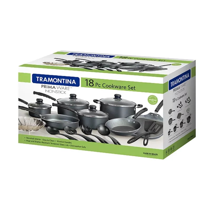 Juego de Baterías de Cocina Tramontina Primaware Juego de Baterías de Cocina Antiadherentes de 18 Piezas, Juego de Baterías de Cocina Antiadherentes de Acero Gris