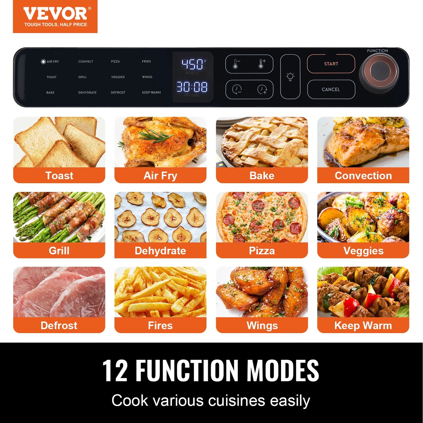 VEVOR – four grille-pain à friteuse à Air 25l, four à Convection 1700W, en acier inoxydable, combiné de comptoir avec gril pour la cuisine