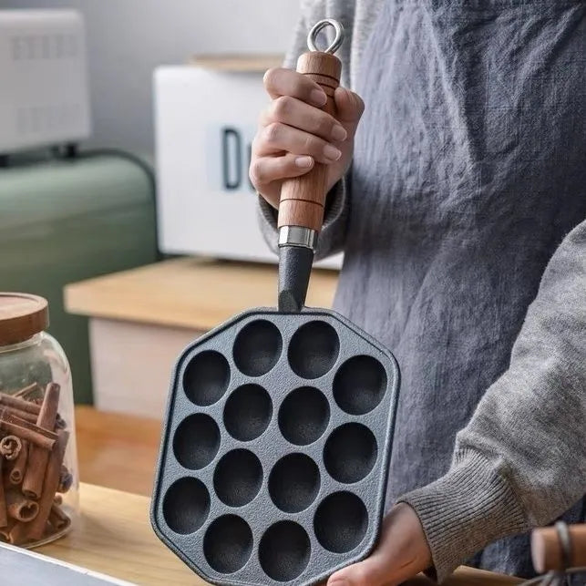 Sartén Takoyaki para hornear, regalo con 14 agujeros, cepillo de silicona para panqueques con tenedores, cocina casera, estufa de Gas de hierro fundido profesional de inducción