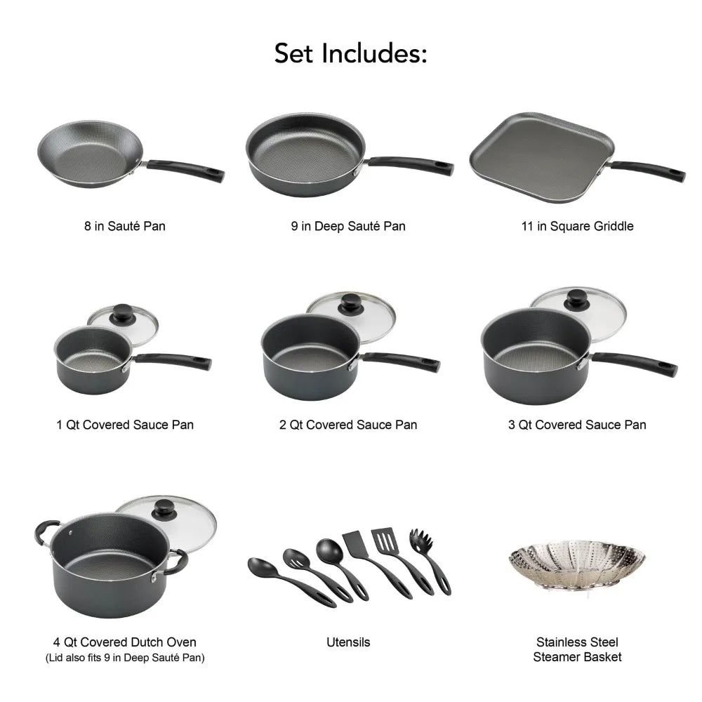 Batterie de cuisine antiadhésive Primaware 18 pièces, ensemble de casseroles et poêles gris acier