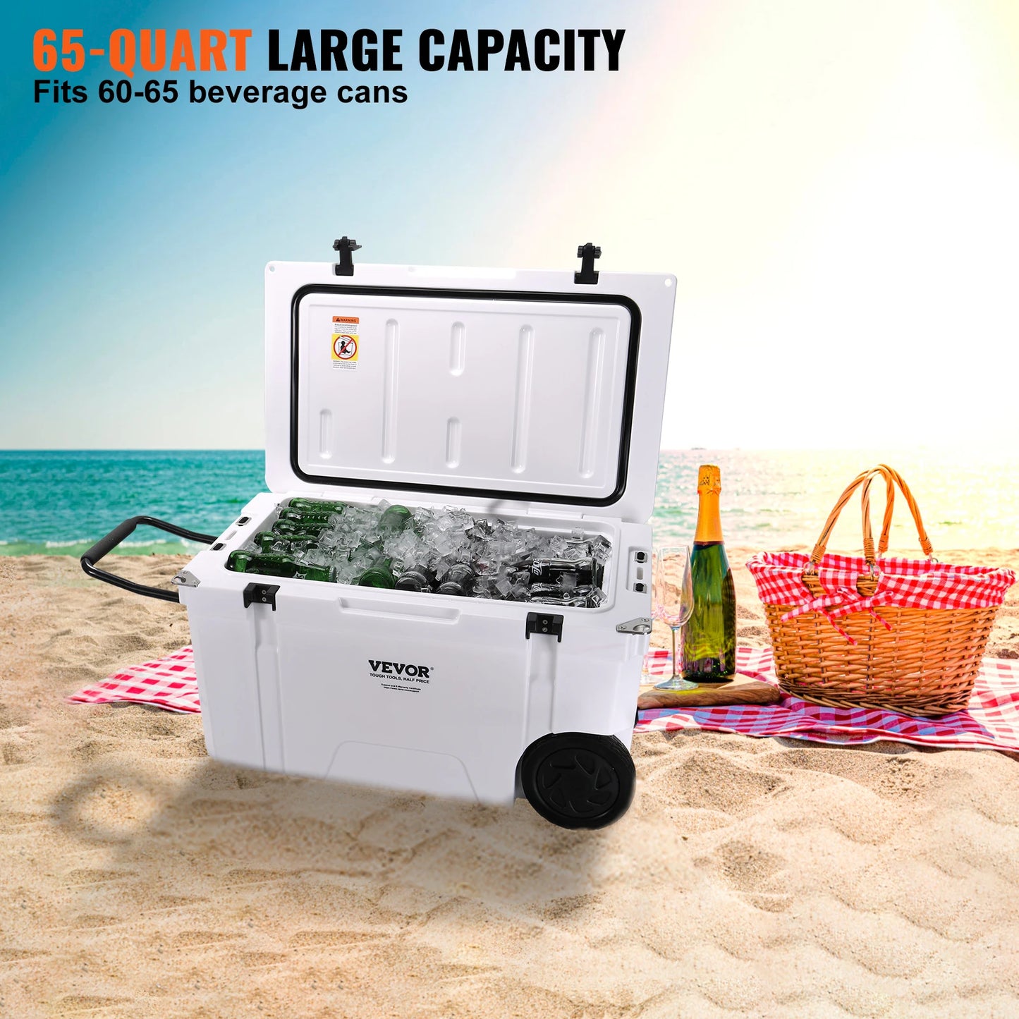 VEVOR Insulated Portable Cooler with Wheels, Holds 65 Cans, Wheeled Hard Cooler with Heavy Duty Handle, Ice Chest Lunch Box