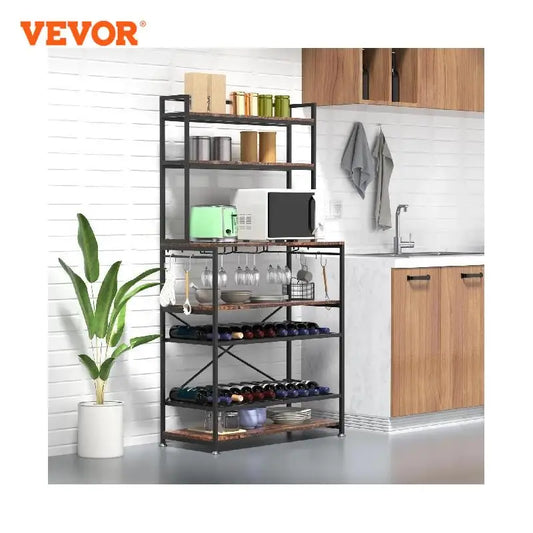 VEVOR 6-Tier Kitchen Bakers Rack with Cabinet 68"/65" Tall Storage Shelf Rack with 320 lbs Load Bearing Comes with 6 or 11 Hooks