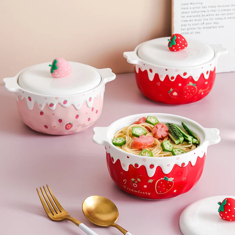 Kawaii – bol Ramen aux fraises avec couvercle en céramique, gros fruits mignons, nouilles instantanées, salade, soupe, vaisselle de cuisine domestique 700ml