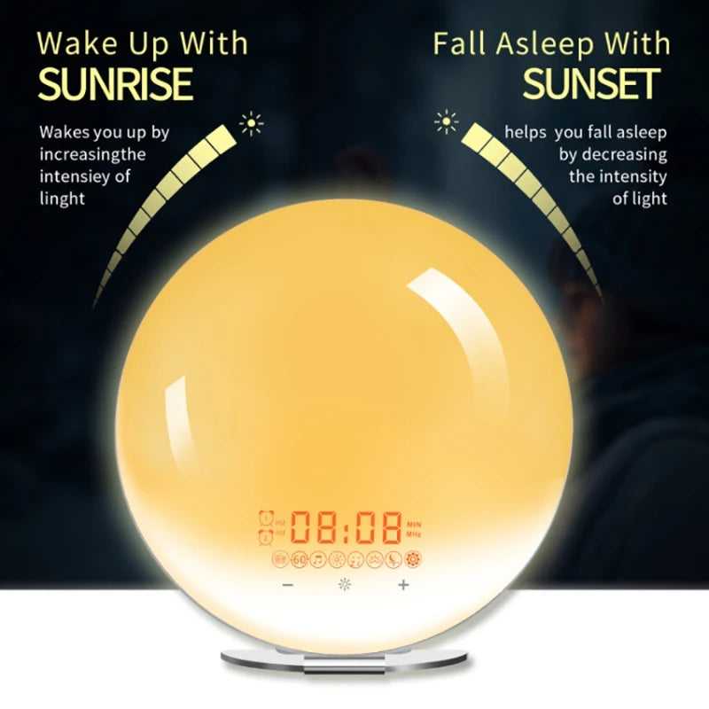 Wake Up Light Alarm Clock with Sunrise/Sunset Simulation Dual Alarms FM Radio Nightlight 7 Colors Natural Sounds Snooze