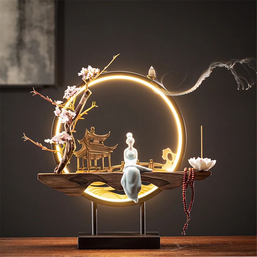 Led Light Backflow Incense Burner USB Light Circle Simulation Tree Ceramic Lotus Buddha Beads Home Office Decoration Furnishing