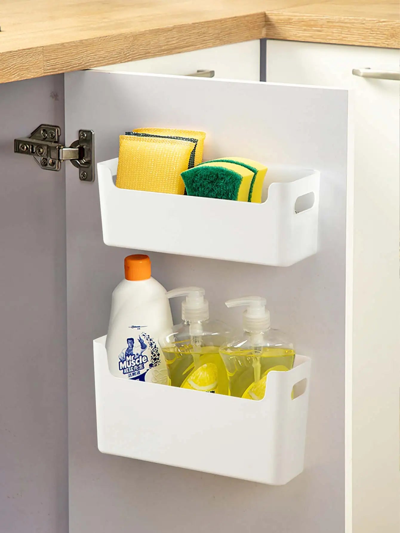 WORTHBUY-organización de almacenamiento de cocina de plástico multifuncional, caja de almacenamiento para gabinete montada en la pared sin perforaciones, accesorios de cocina