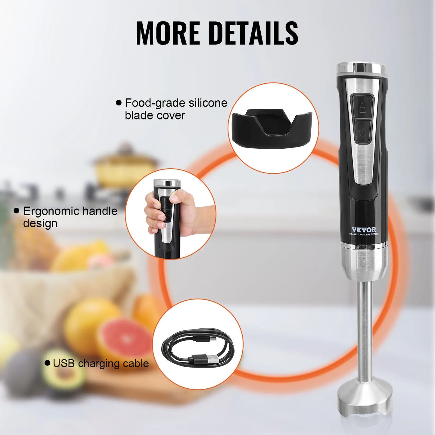 VEVOR 8/12 Speed Immersion Mini Portable Blender Handheld Mixer Machine 200W 500W  Cordless Recharge home-appliance for Kitchen