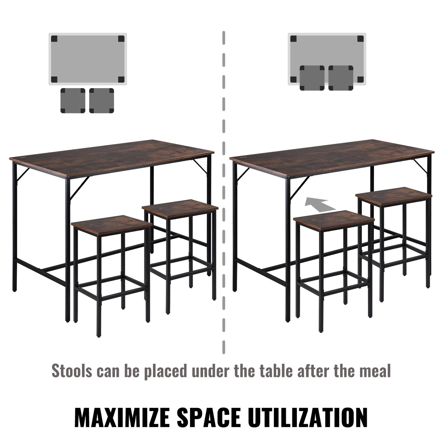 VEVOR Juego de mesa de bar de 3/5 piezas, mesa alta de 39"/43"/47" con taburetes de bar redondos/cuadrados de 2/4 para el hogar, cocina, sala de estar, color marrón rústico