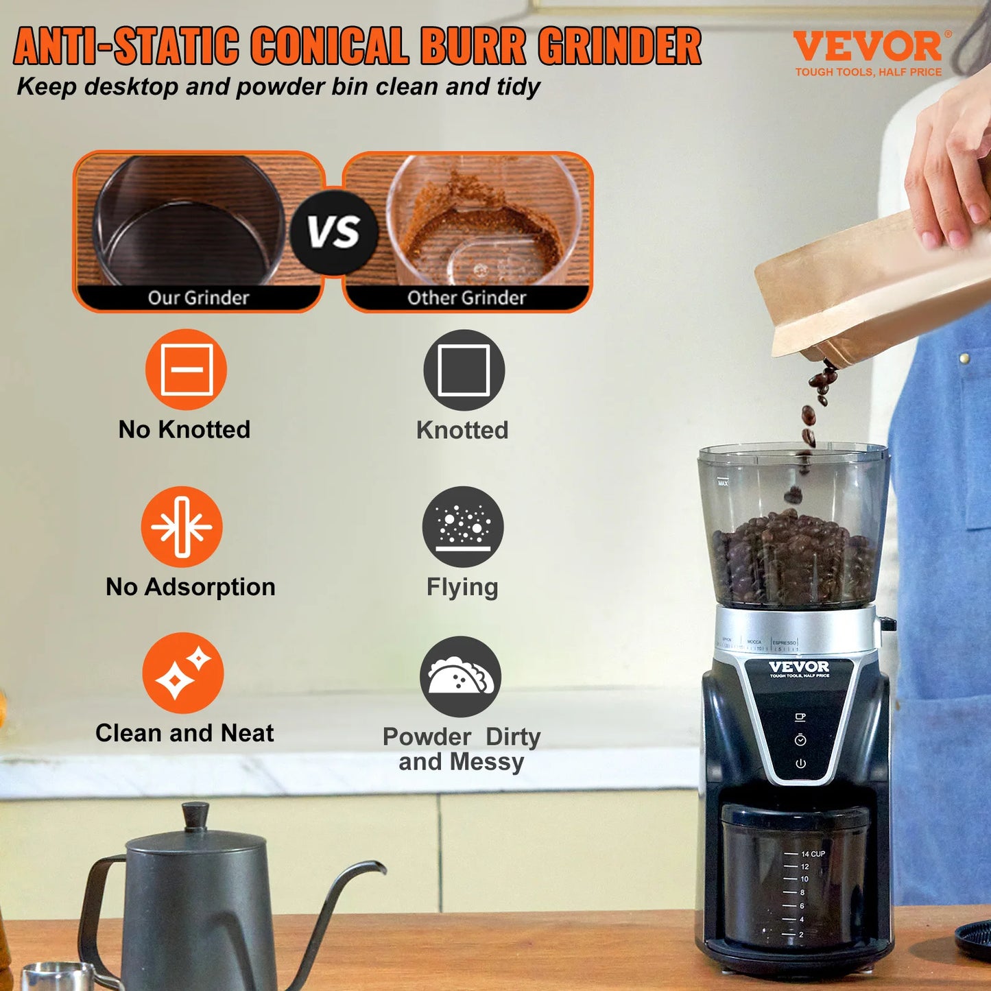 VEVOR 40MM Conical Burr Grind Setting Coffe Bean Electric Grinder Mocha Espresso Adjustment Coffee Machine for Home and Kitchen