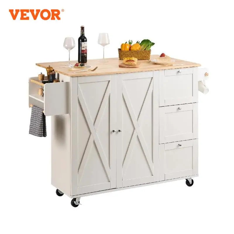 VEVOR 2-Door 1/2 3-Drawer White Mobile Kitchen Island Rubber Wood Desktop Rolling Kitchen Cart with Wheels for Home Bar Storage