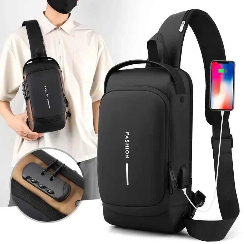 Sac à bandoulière multifonctionnel pour hommes, serrure par mot de passe, moto étanche, Port de chargement USB, sac de poitrine antivol, voyage décontracté