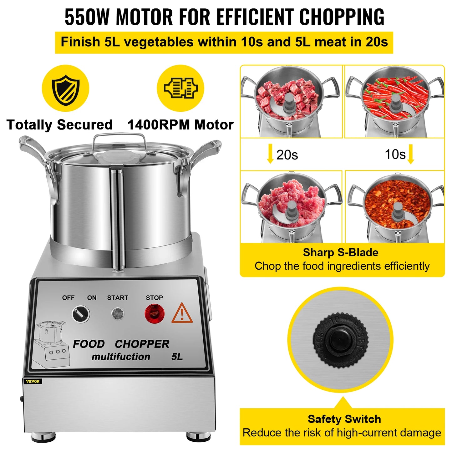 VEVOR-procesador de alimentos multifunción de acero inoxidable, picadora de verduras, picadora eléctrica para el hogar, cortador de carne comercial, 5L, 10L, 15L, 20L