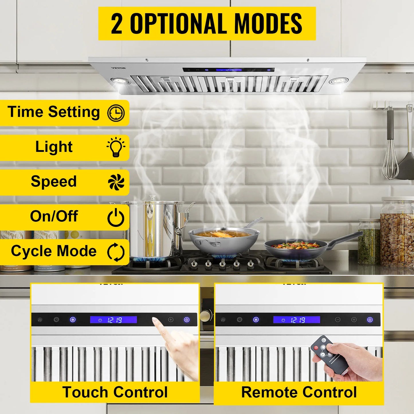 VEVOR Campana extractora integrada 800/900CFM 3/4 velocidades 30/36 pulgadas de acero inoxidable con luces LED Filtros deflectores Conductos convertibles ETL