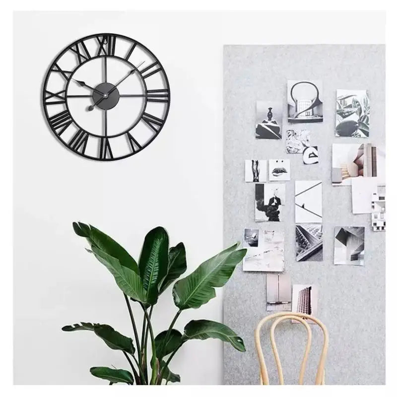 Reloj de pared de 40/47/60/80cm moderno 3D grande Retro de hierro negro redondo hueco Reloj de pared de Metal números romanos nórdicos reloj decoración del hogar