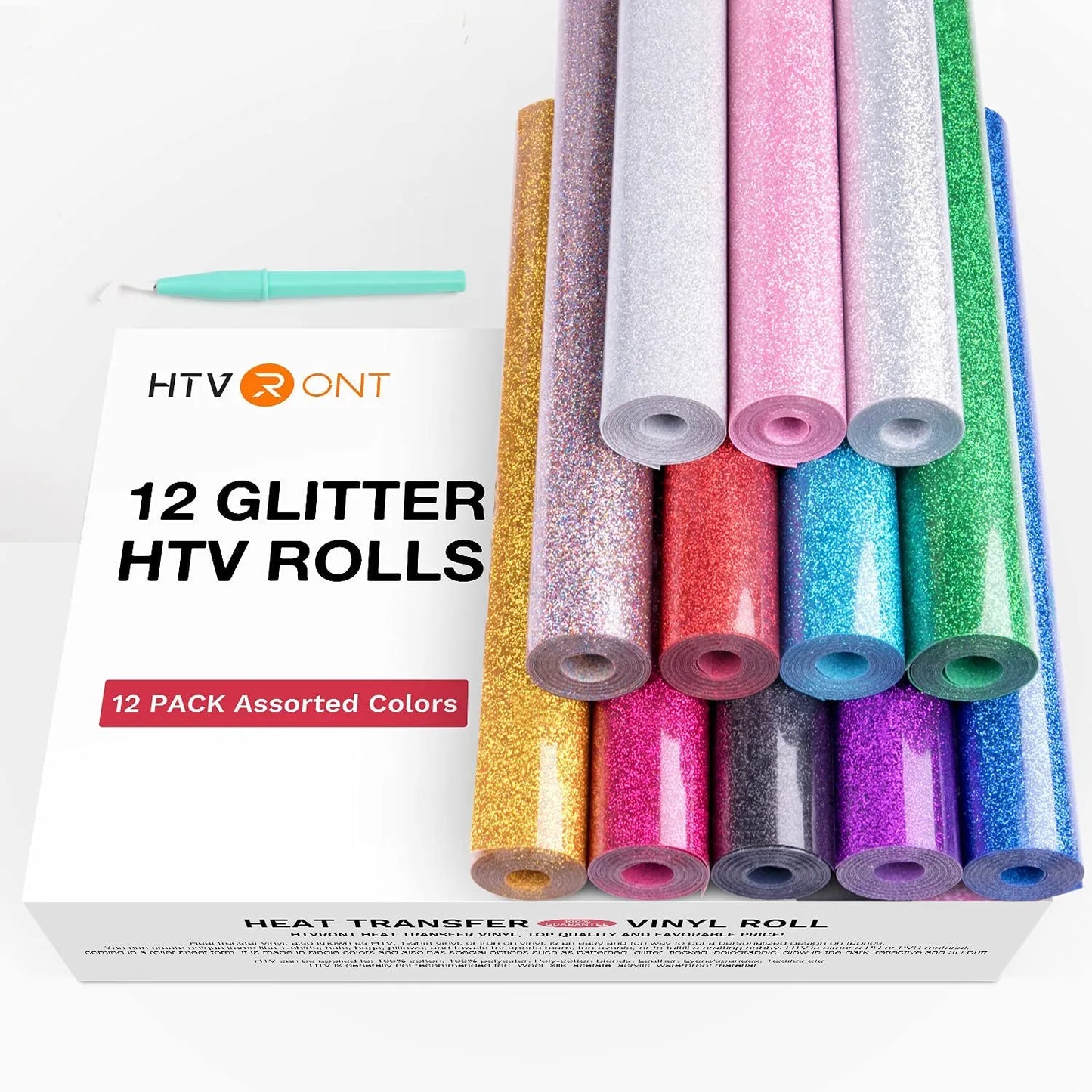 HTVRONT 12 Pack Glitter Colors 25X150cm/10inX5ft PU Heat Transfer Vinyl Roll for Cricut DIY Iron on T-shirt Printing HTV Film