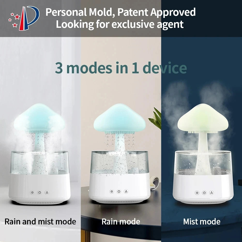 Humidificateur d'air de pluie de champignon diffuseur d'arôme électrique distributeur d'odeur de nuage de pluie détendre les gouttes d'eau sons veilleuses colorées